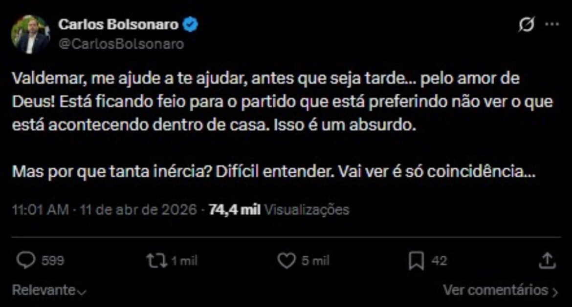 “esta-ficando-feio”:-carlos-bolsonaro-ataca-comando-do-pl-e-cobra-reacao